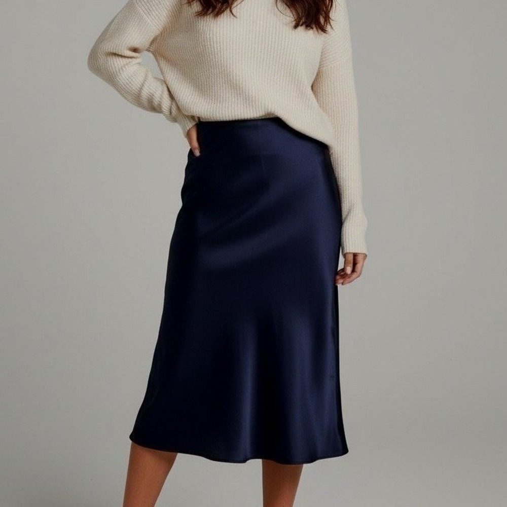 La Ligne New York Navy Blue Midi Skirt Side Slit Elastic Waist Size XS
